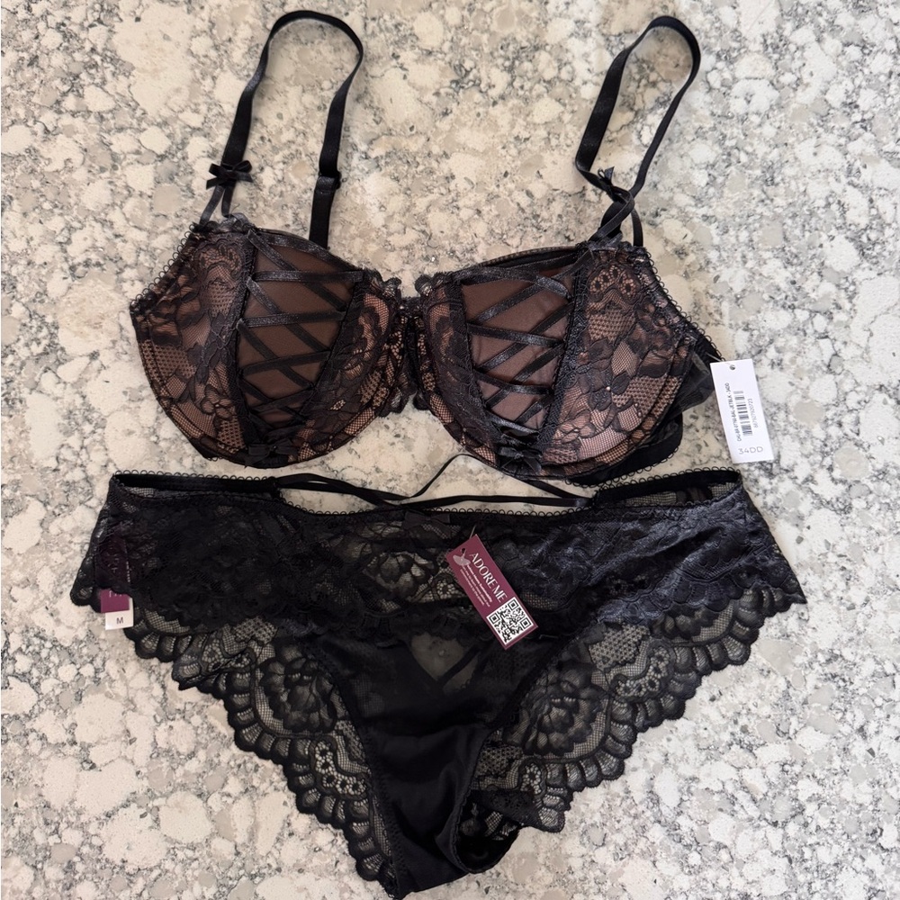 Adore Me Black Lace Underwire Bra and Panty Set 34DD/M